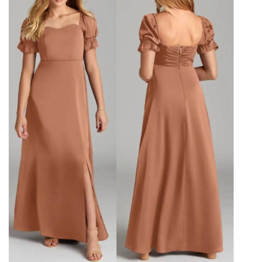 Azazie Women's Satin Maxi Dress Formal Elegant GownHarlie Bronzer Size 16 Junior